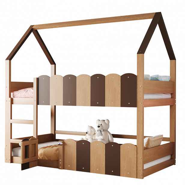 OKWISH PATROVÁ postel 90/200 cm, multifunkční, design domu, barva dřeva s vyvýšeným bezpečnostním zábradlím