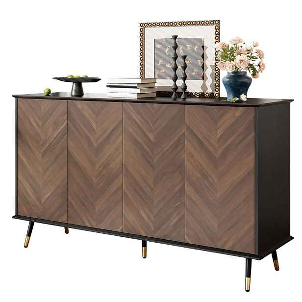 Redom SIDEBOARD 140/40/80 cm s čtyřmi dvířky a výškově nastavitelnými policemi, stylový úložný prostor, Černá a hnědá