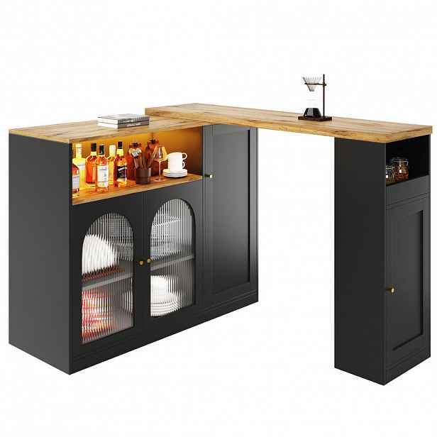 Modfu BAROVÝ stůl z MDF 197x39,6x100 cm černý s LED osvětlením, otočnou deskou a úložným prostorem