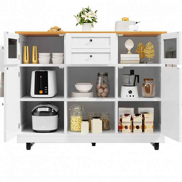 OKWISH KUCHYŇSKÝ ostrůvek 140/70/93,5 cm bílý z MDF s pracovní deskou, kolečky a skládací deskou