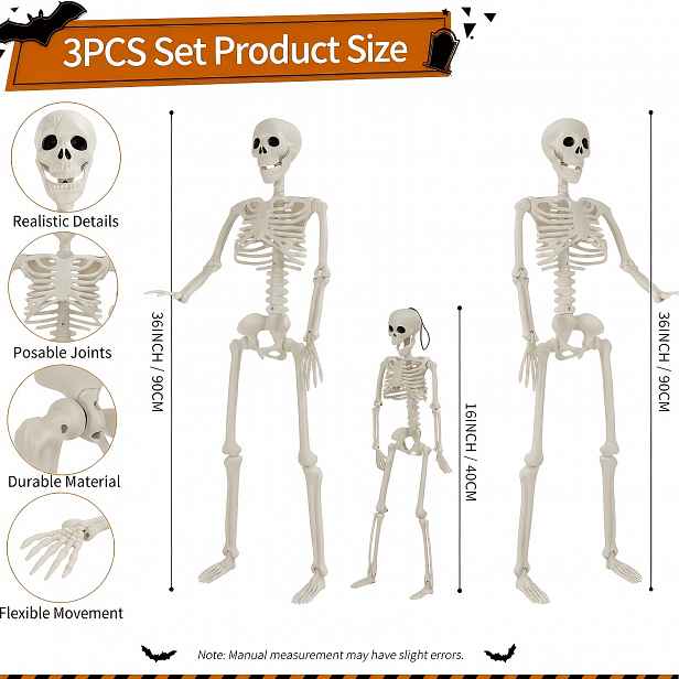 TEMU Sada 3 ks halloweenských figurkových ozdob, realistické halloweenské figurky, 2 velké + 1 malá halloweenská dekorace, halloweenská s pohyblivými