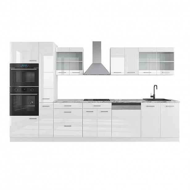 Vicco KUCHYŇSKÝ KOUT R-Line Bílá vysoký lesk/bílá 350 cm s vysokou skříní, s pracovní deskou