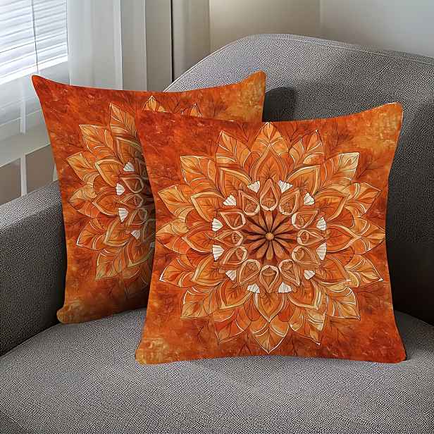 TEMU 2ks, Oboustranný, 18x18 Palcový Povlak na Polštář, S Boho Chic Oranžovo-Rezavým Mandala Designem pro Podzim, Ideální pro Pohovky, Obývací Pokoje