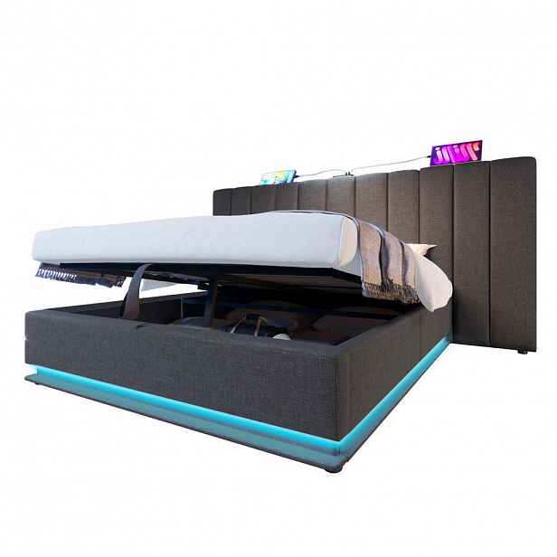Redom ČALOUNĚNÁ postel 160x200 cm s LED osvětlením, USB a hydraulickým úložným prostorem, Šedá