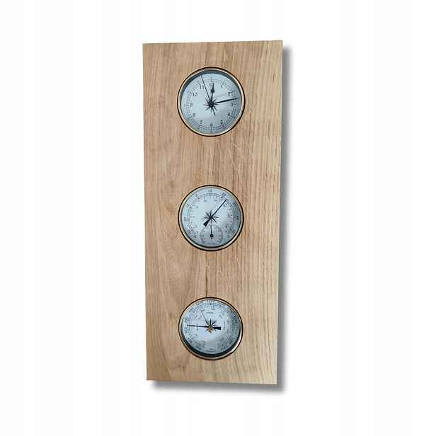 Dřevěná meteorologická stanice 50 x 20 cm barometr, hodiny, teploměr, vlhkoměr
