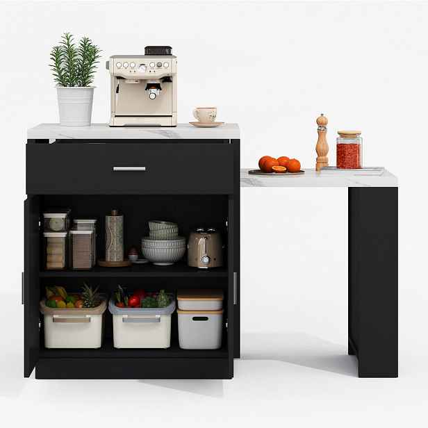 OKWISH KUCHYŇSKÝ ostrůvek 211/55/89,5 cm černý z MDF s výsuvným jídelním stolem, zásuvkami a úložným prostorem