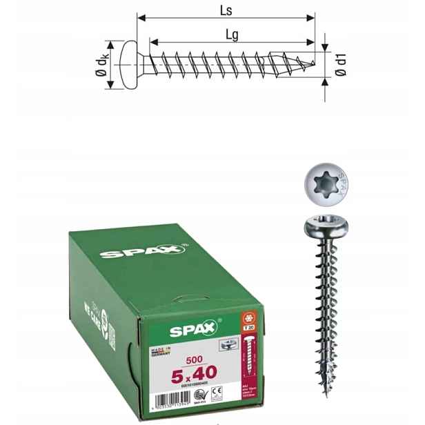 Univerzální vrut do dřeva spax 5 x 40 Wirox Hb Tx 500 ks