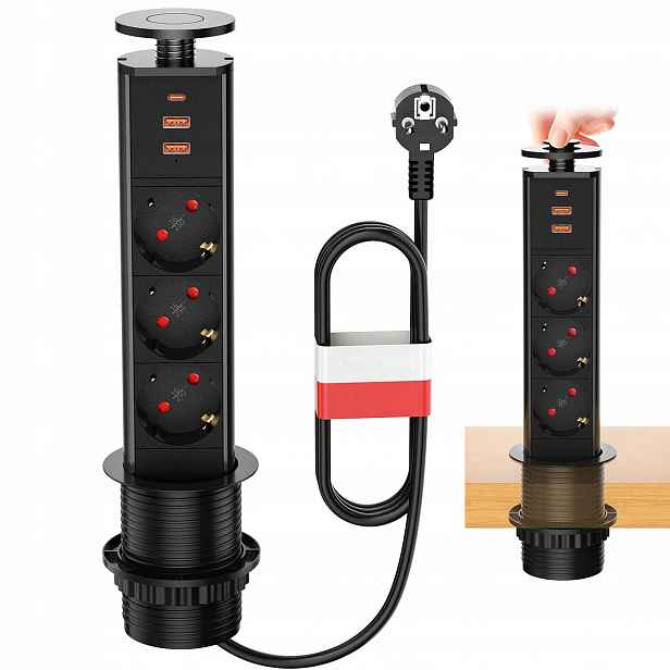 Prodlužovací Kabel Stolní, Výsuvný, Černý, 3 Zásuvky