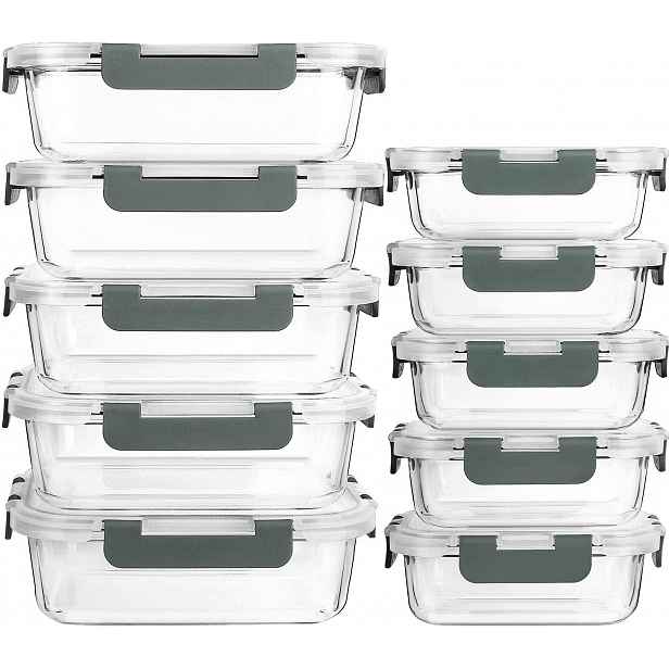 Sada 10 skleněných nádob na potraviny s víčky, vzduchotěsné, meal prep