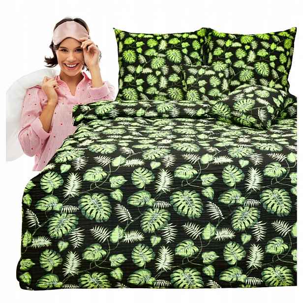 krepové povlečení 140x200 2x70/80 Palmové listy na černém, silné, vysoká kvalita