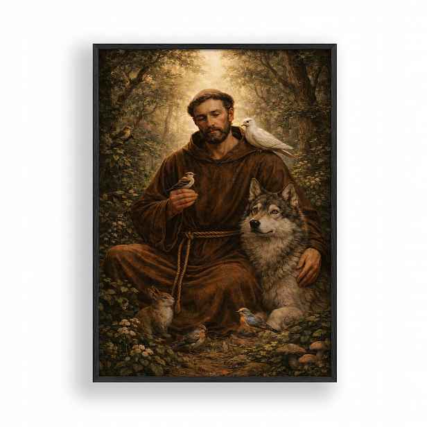 Obraz Svatý František Zvířaty Plakát Rámeček Dřevěný Černý 30x42 cm
