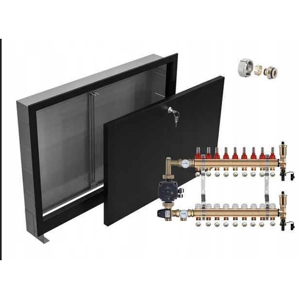 Rozdělovač pro podlahu 9+POMPA Grundfos +pex +podomítková Skříňka Černá