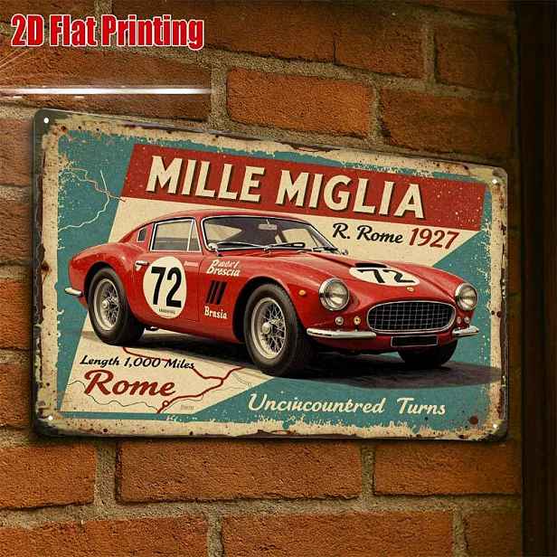 TEMU 2D plochý - 2D plochý 1ks, Vintage plakát závodního vozu Mille Miglia kreativní plechová cedule - 8X12 Cafe Garáž Nástěnné umění Dárek pro