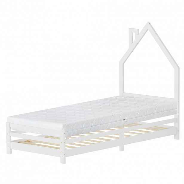 ML-DESIGN DĚTSKÁ postýlka Dům 90x200 cm s matrací, bílá, borovicové dřevo