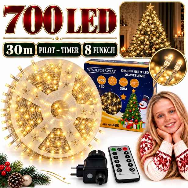 Vánoční Osvětlení Na Stromeček 700 Led 30 M Teplé Bílé Na Drátku Pilot Časovač 8 Funkcí