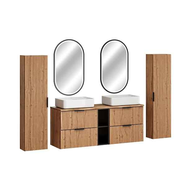 Comad Koupelnová sestava Casad Magic s deskou, umyvadly, skříňkami a LED zrcadlem 140 cm dub wotan