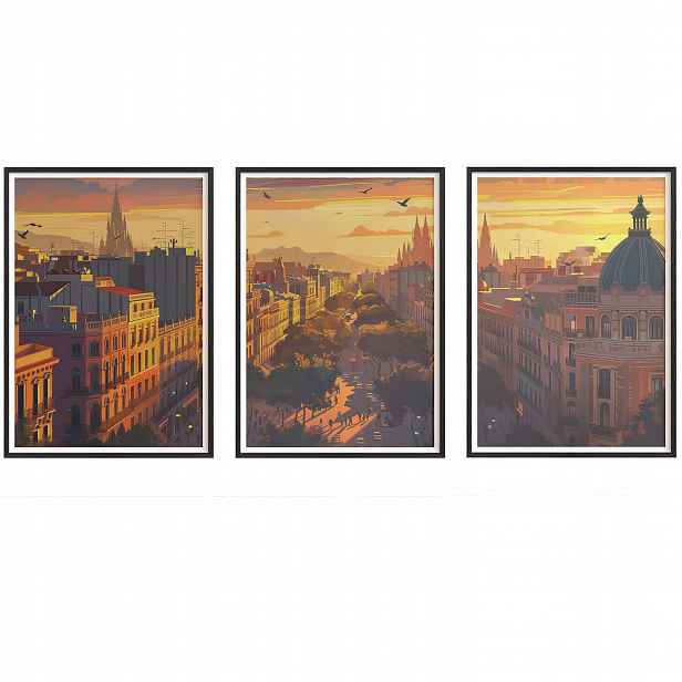 Obrazy Barcelona Západ Slunce Plakáty Rámečky Dřevěné Černé 3ks 30x42 cm