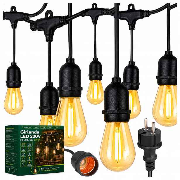 Led zahradní girlanda 20 m 20x E27 2700K IP44 2 náhradní žárovky