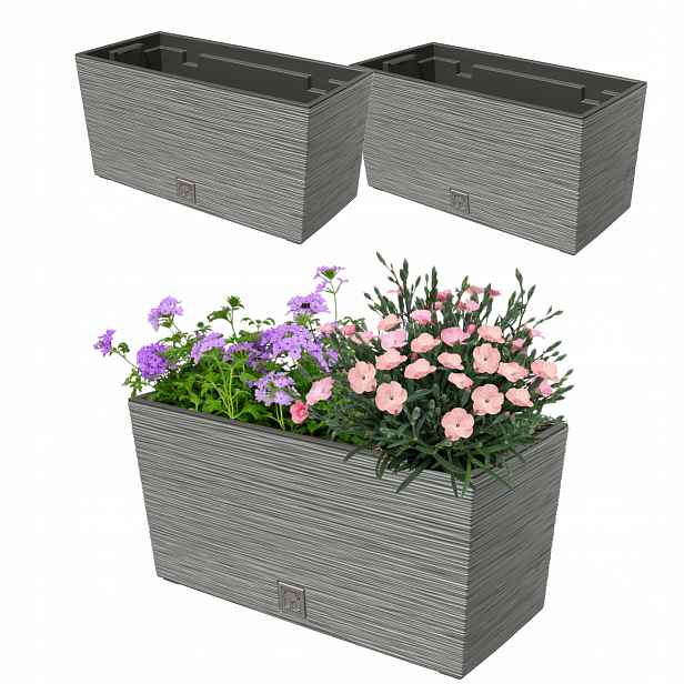 2x Květináč 12L balkonový truhlík 39,5x19,5 cm šedý objemná vložka 8L