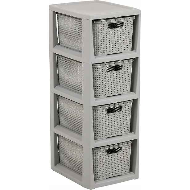 Branq Koupelnový regál Rattan sloupek skříňka 4x košíky košík plastový