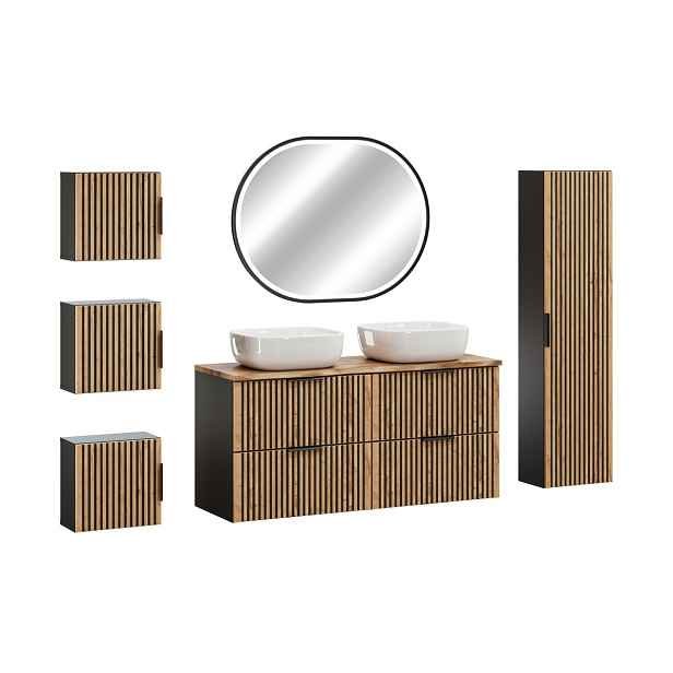 Comad Koupelnová sestava Casad Nature Smile s deskou, skříňkami, umyvadly a LED zrcadlem 120 cm černá/dub wotan