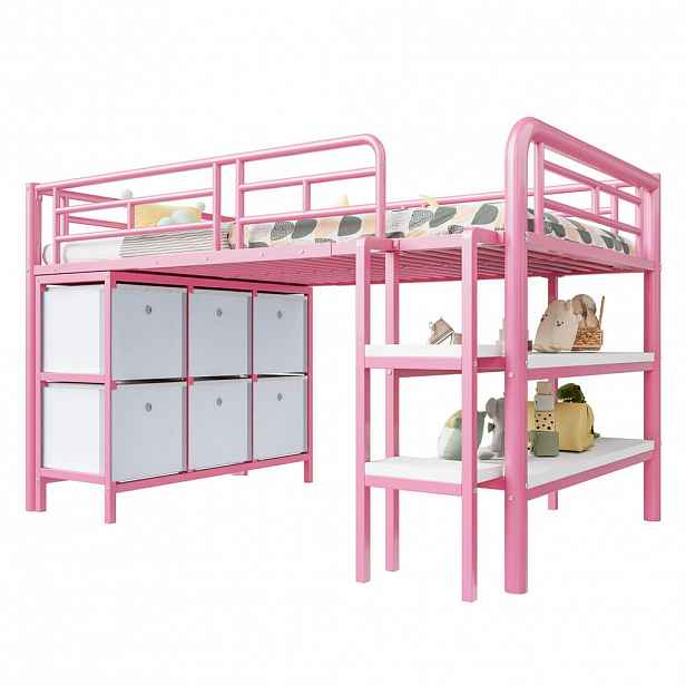 Modfu DĚTSKÁ patrová postel z kovu a MDF 90x200 cm bílá/růžová s úložným prostorem, širokými schody a zaoblenými hranami
