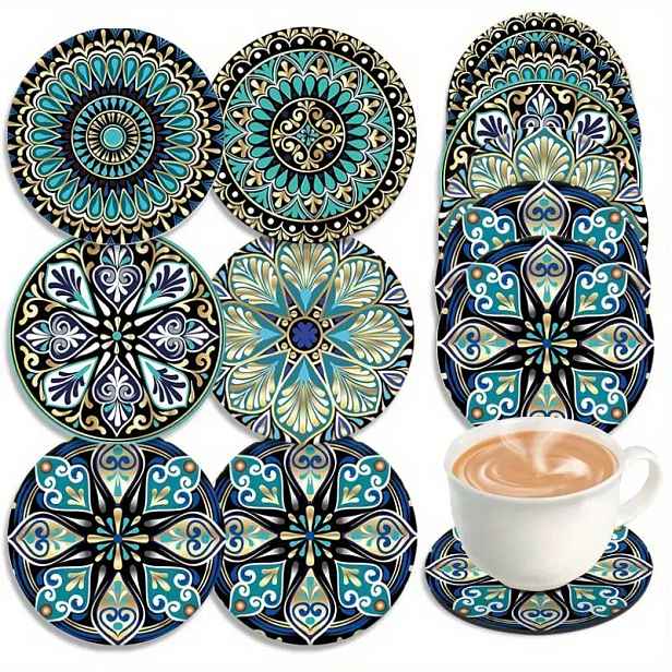 TEMU 6 ks sada dřevěných podtácků s mandala uměleckým vzorem, 2D mandala design dřevěný držák na kelímky – ideální umělecký dárek pro přátele a