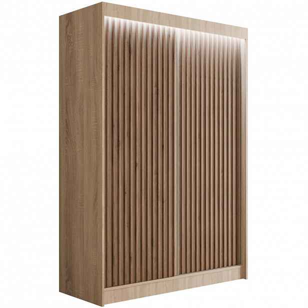 ALTDECOR ŠATNÍ SKŘÍŇ s LED osvětlením, lamelovými posuvnými dveřmi VILANv2 – 150 cm Sonoma dub + Sonoma dub + lamely z dubu wotan