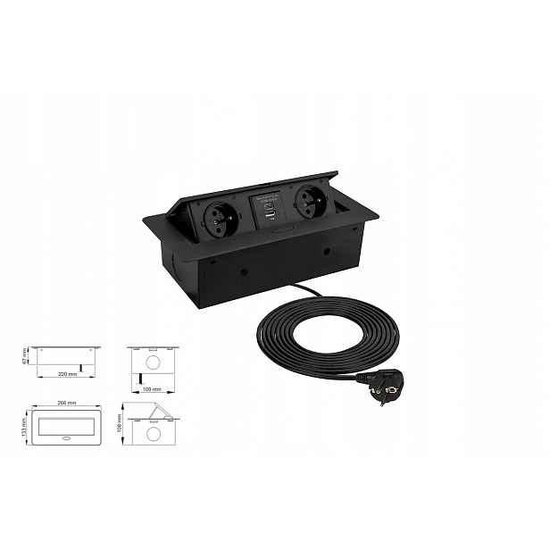 Černá zapuštěná kancelářská zásuvka, 2x230 V, Usb A+c