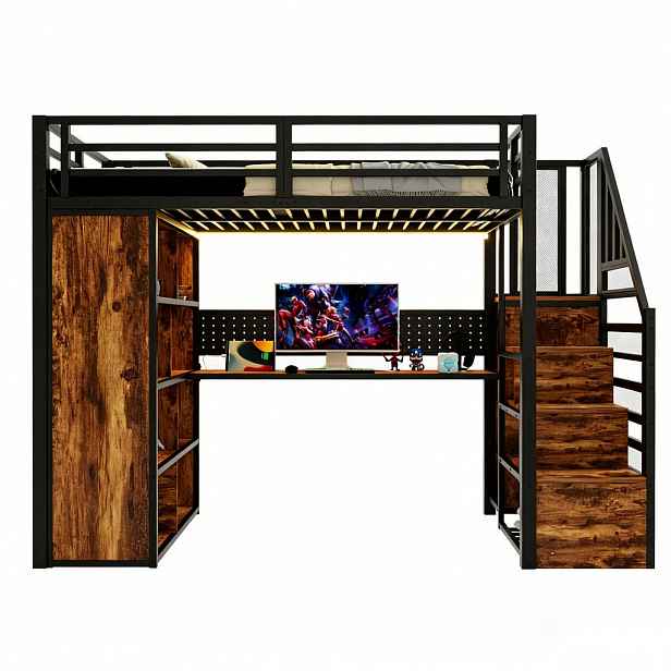 FLIEKS VYVÝŠENÁ POSTEL 90x200cm Stůl Skříň LED Černá