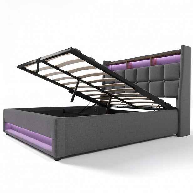 Redom ČALOUNĚNÁ postel 160/200 cm s LED osvětlením, 2 USB porty a výklopným úložným prostorem, Šedá