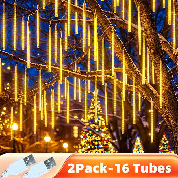 TEMU 2-balení, celkem 384 LED/16 trubek, světelný pásek, meteorický déšť, ledové žárovky, USB zástrčka, vánoční dekorace, pohádková dešťová světla,