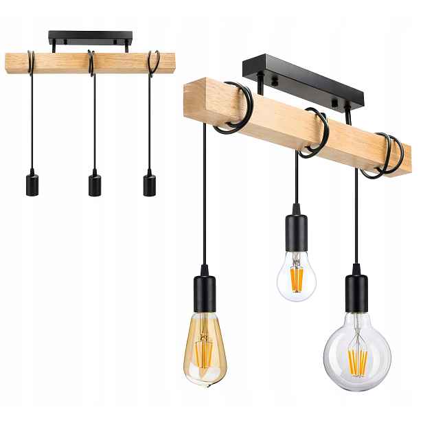 Dřevěná závěsná stropní lampa Lustr Zwis Loft Černá na 3x E27