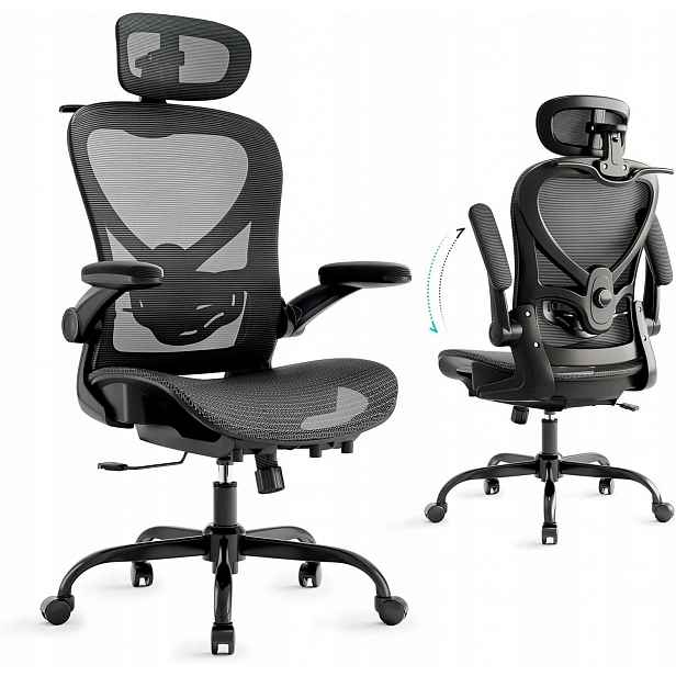 Kancelářská židle ergonomická černá 3D opěrka hlavy, bederní opěrka