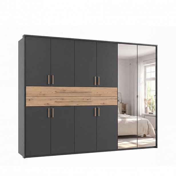 luma-home SKŘÍŇ S OTOČNÝMI DVEŘMI B273/H210/T58 cm v barvě grafit, šatní skříň s paspartou, 2 zrcadly, 2 zásuvkami a úchytkami v dekoru dub Artisan /