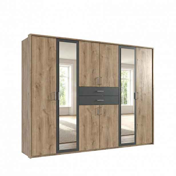 luma-home SKŘÍŇ S OTOČNÝMI DVEŘMI, 273 × 58 × 210 cm (Š×H×V), pasparta, zásuvky, 2 zrcadlové dveře, dekor dubu/grafitová / 22603