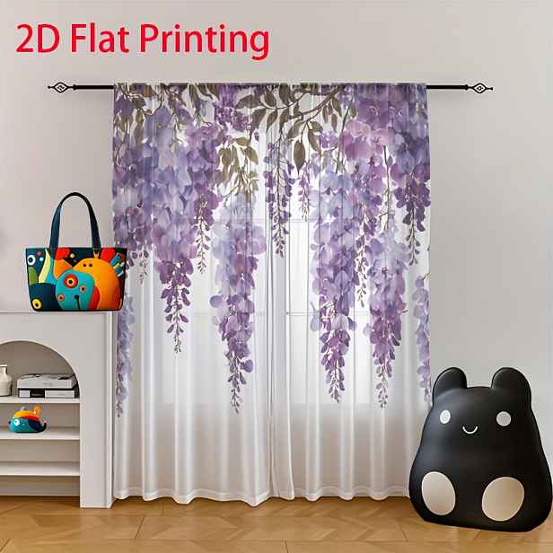 TEMU 2 ks Poloprůhledné závěsy s fialovým květinovým vzorem visterie – 100% polyester, na tyč a vhodné do pračky, moderní elegantní obývací pokoj,