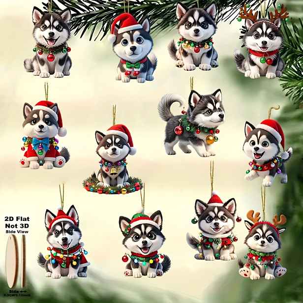 TEMU 2D Ploché, 12ks Sada Roztomilých Dřevěných Ozdob Husky, pro Zavěšení na Vánoční Stromky Vánoční Dekorace, Ozdoby Santa , Potřeby na Vánoční