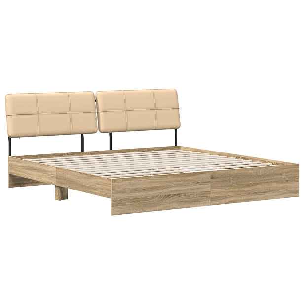 vidaXL Dvoulůžková postel s čelem dub sonoma a krémová 200 x 200 cm