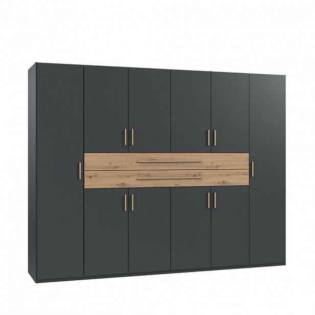 luma-home SKŘÍŇ s otočnými dveřmi B270/H208/T58 cm v barvě grafit, šatní skříň se 2 velkými zásuvkami a úchytkami v dekoru dub Artisan / 22643
