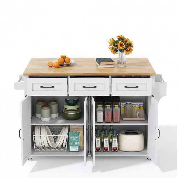 OKWISH KUCHYŇSKÝ ostrůvek 140/43(70)/90,5 cm bílá a přírodní z MDF s klopnou pracovní deskou