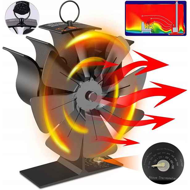 8-LOPATKOVÝ Termoelektrický Krbový Ventilátor Napájený Teplem, Černý