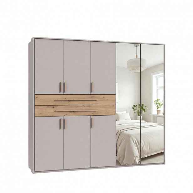 luma-home SKŘÍŇ S OTOČNÝMI DVEŘMI B228/H210/T58 cm, béžovo-šedá, s paspartou, 2 zrcadlové dveře, 2 velké zásuvky a úchytky v dekoru dub Artisan / 2263