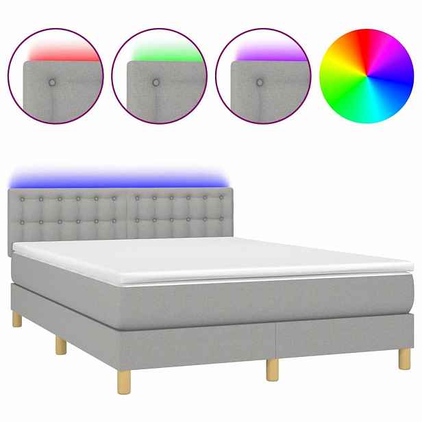 vidaXL Box spring postel s matrací a LED světle šedá 140x200 cm textil