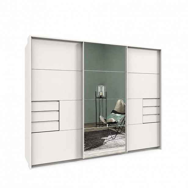 luma-home SKŘÍŇ S VZDUŠNÝMI DVEŘMI, 273 × 64 × 213 cm (Š×H×V), 3dveřová, pasparta, zásuvky, bílá/zrcadlo / 22619