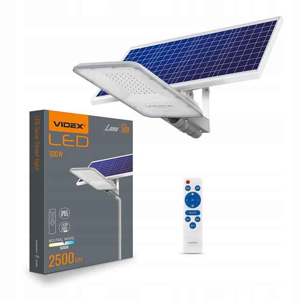 Solární lampa pouliční Led Videx 100W solární panel, senzor soumraku Ovladač