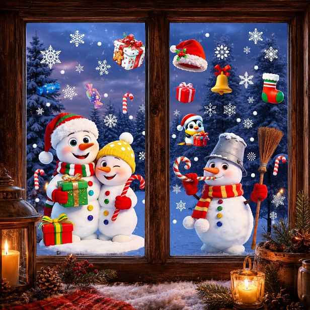 TEMU Sada vánočních samolepek na okna, roztomilé sněhuláci a Santa Claus, sváteční nálepky na skleněná okna, statické samolepky Winter pro domácí