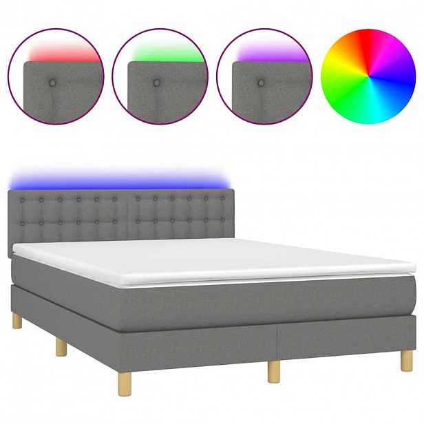 vidaXL Box spring postel s matrací a LED tmavě šedá 140x200 cm textil