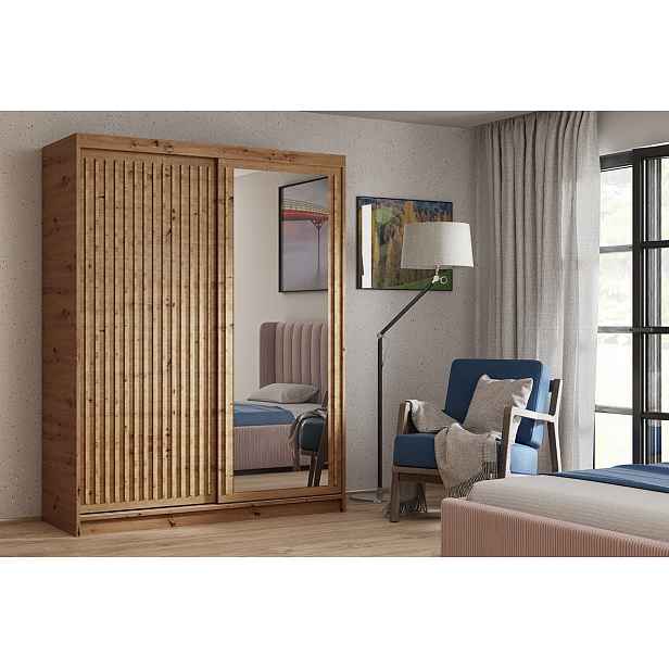 Šatní skříň s lamelami a zrcadlem 100 cm WARDERO - dub artisan