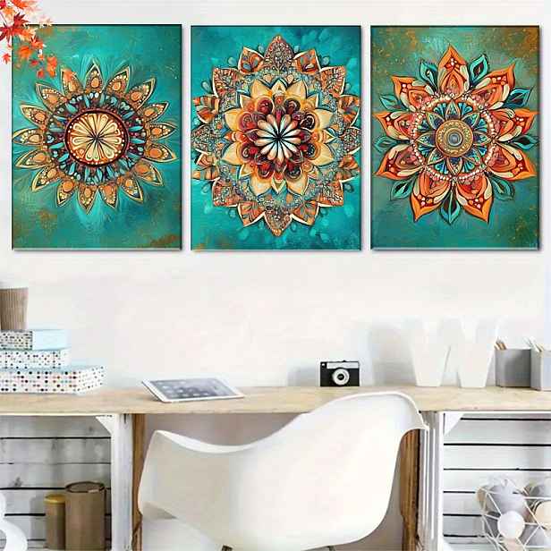 TEMU 3 ks Bohémské Mandala Triptych - Vícebarevné Plátno Vhodné pro Dekoraci, Ateliéry, Meditační Místnosti - Nástěnné Dekorace, 2D Ploché